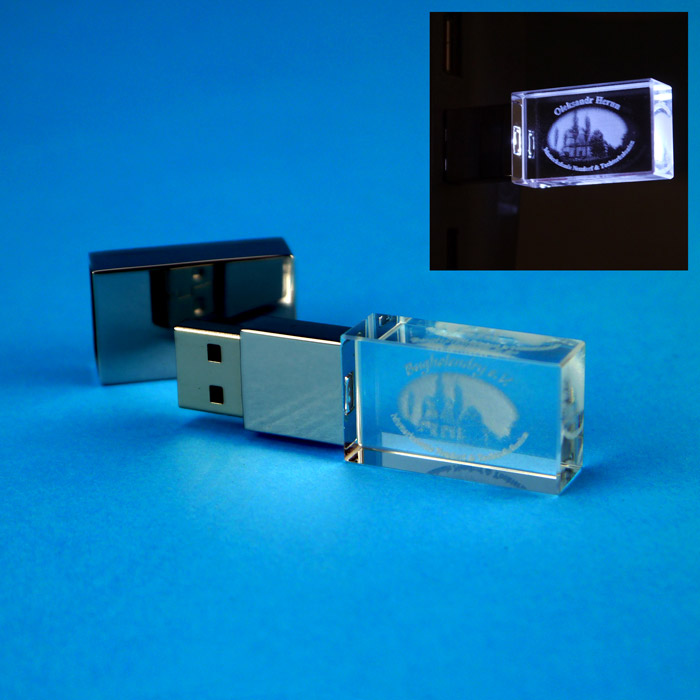 Leuchtender USB-Stick aus Glas - Display + Druck